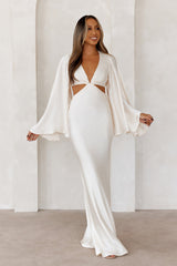 Twilight Goddess Satin Long Sleeve Maxi Dress Cream