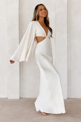 Twilight Goddess Satin Long Sleeve Maxi Dress Cream
