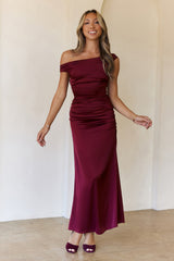 Polished Radiance Off Shoulder Satin Maxi Dress Red