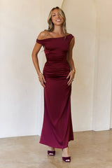 Polished Radiance Off Shoulder Satin Maxi Dress Red