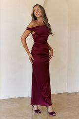 Polished Radiance Off Shoulder Satin Maxi Dress Red
