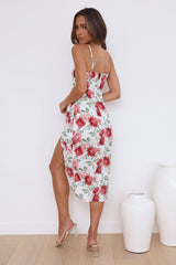 Pretty Petal Girl Midi Dress White Red Print