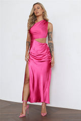 Poker Faced Satin Maxi Dress Hot Pink