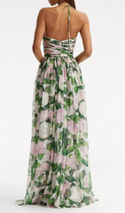 Floral Halterneck Maxi Dress In Green
