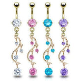 Surgical Steel Gold Plated Vine CZ Dangling Belly Ring