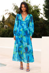 Spring Waterfall Long Sleeve Maxi Dress Blue