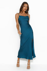 Gleaming Silk Satin Midi Dress Teal