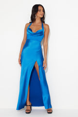 Girl In The Spotlight Halter Neck Satin Maxi Dress Blue