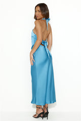 Welcome Style Halter Satin Midi Dress Blue