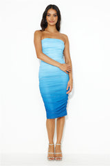 Happy Girl Strapless Mesh Midi Dress Blue