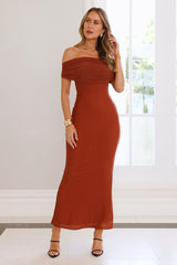 Invited Off Shoulder Mesh Maxi Dress Brown