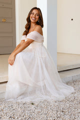 Something New Off Shoulder Tulle Midi Dress Beige