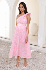 Springtime Chic One Shoulder Midi Dress Pink