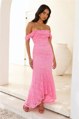 One To Want Off Shoulder Lace Maxi Dress Pink
