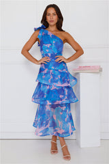 Garden Aura One Shoulder Midi Dress Blue