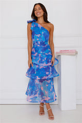 Garden Aura One Shoulder Midi Dress Blue