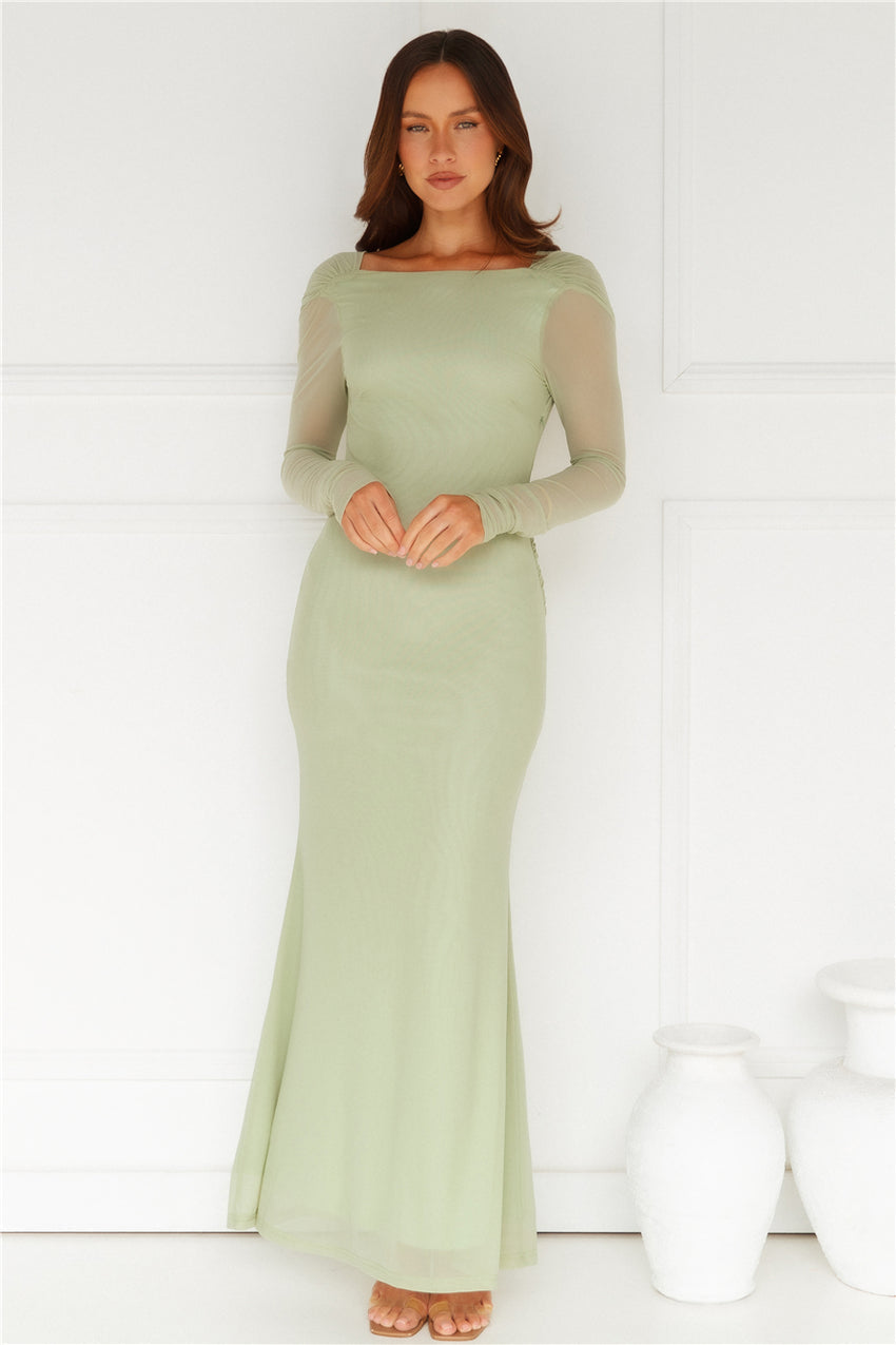 Whimsy Wonder Long Sleeve Mesh Maxi Dress Sage