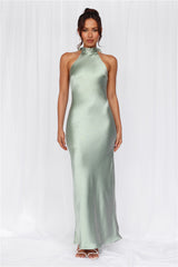 The Cleo Halter Satin Maxi Dress Sage