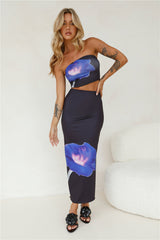 Pansies Bouquet Maxi Skirt Black