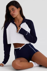 Ribbed Knit Quarter-Zip Cropped Jumper in Midnight