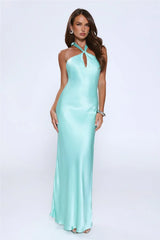 Rule Her World Halter Satin Maxi Dress Aqua
