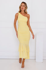 Misty Isles One Shoulder Mesh Maxi Dress Yellow