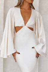 Twilight Goddess Satin Long Sleeve Maxi Dress Cream