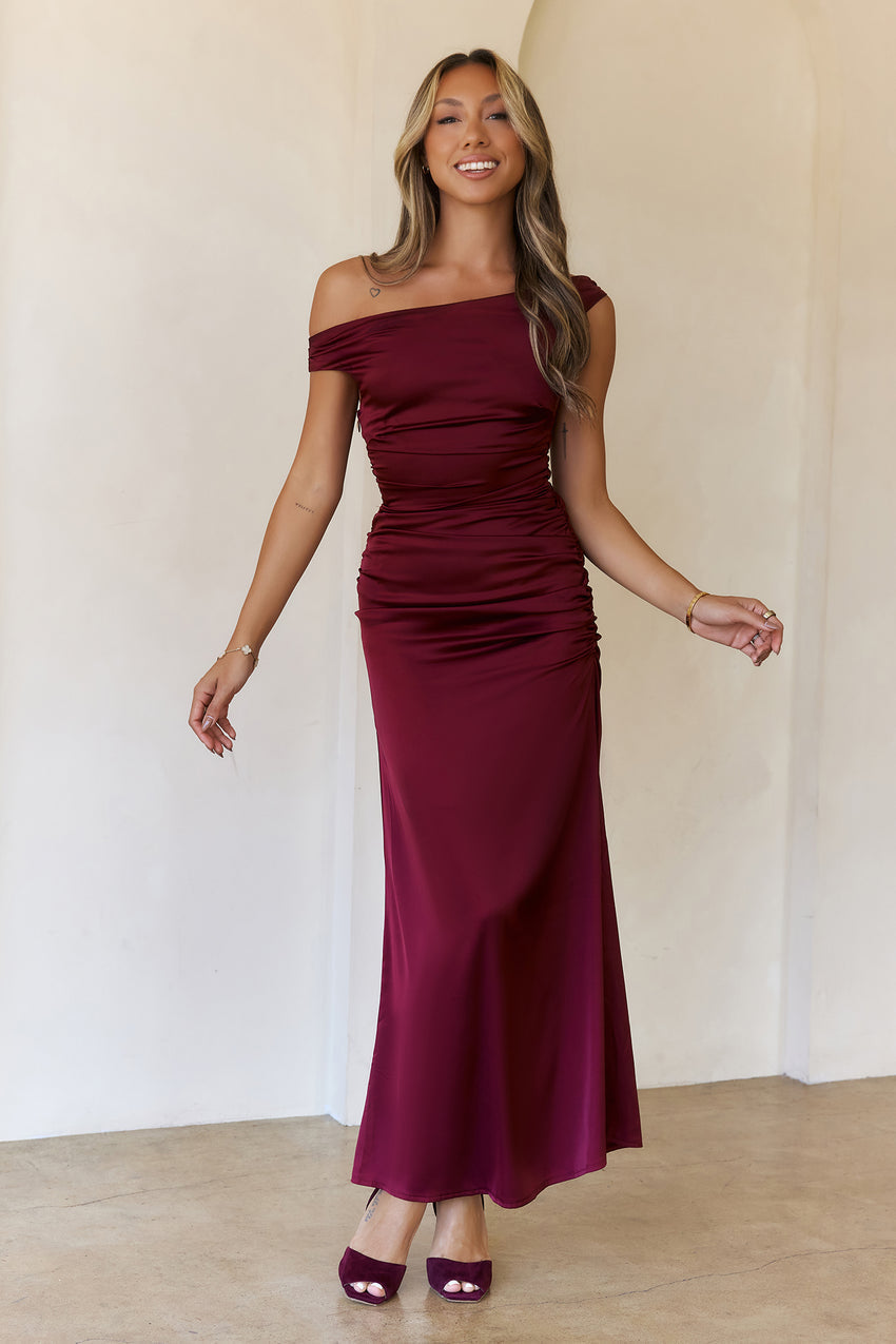 Polished Radiance Off Shoulder Satin Maxi Dress Red