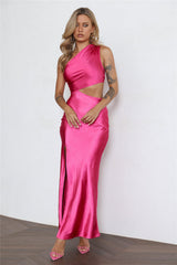 Poker Faced Satin Maxi Dress Hot Pink