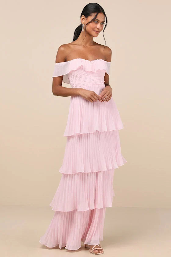 Always Remarkable Pink Pleated Off-the-Shoulder Maxi Dress
