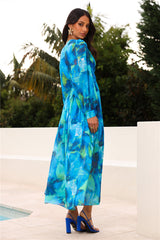 Spring Waterfall Long Sleeve Maxi Dress Blue