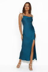 Gleaming Silk Satin Midi Dress Teal