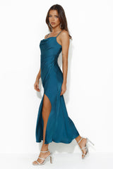 Gleaming Silk Satin Midi Dress Teal