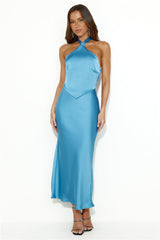 Welcome Style Halter Satin Midi Dress Blue