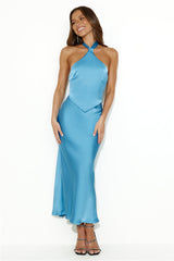 Welcome Style Halter Satin Midi Dress Blue