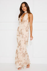 Love Blair Halter Mesh Maxi Dress Beige