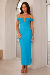 Seductive Shadows Off Shoulder Mesh Maxi Dress Blue