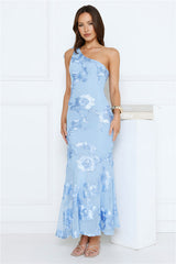 Glossy Girl One Shoulder Mesh Maxi Dress Blue