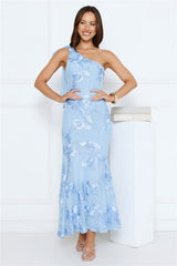 Glossy Girl One Shoulder Mesh Maxi Dress Blue
