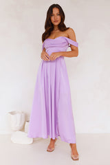 Golden Affair Off Shoulder Satin Maxi Dress Lilac