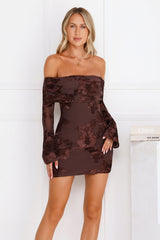 Styled To Impress Off Shoulder Mesh Mini Dress Chocolate