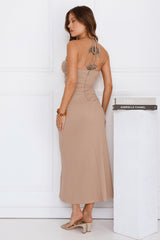 Minimalist Luxe Halter Midi Dress Brown