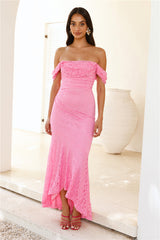 One To Want Off Shoulder Lace Maxi Dress Pink
