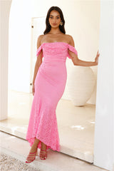 One To Want Off Shoulder Lace Maxi Dress Pink