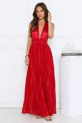 Shimmering Sea Pleated Halter Maxi Dress Red