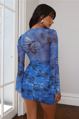 Not Your Diary Mesh Long Sleeve Mini Dress Blue
