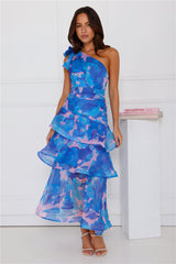 Garden Aura One Shoulder Midi Dress Blue