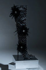 AZALEA WANG TARYN BLACK SATIN FEATHER FLOWER THIGH HIGH BOOT