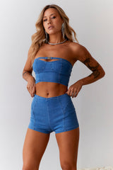 Cheeky Heart Mid Rise Denim Shorts Blue