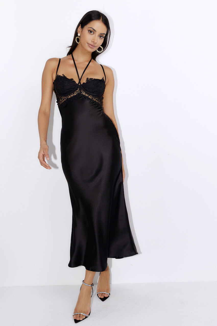 Sultry Style Satin Midi Dress Black